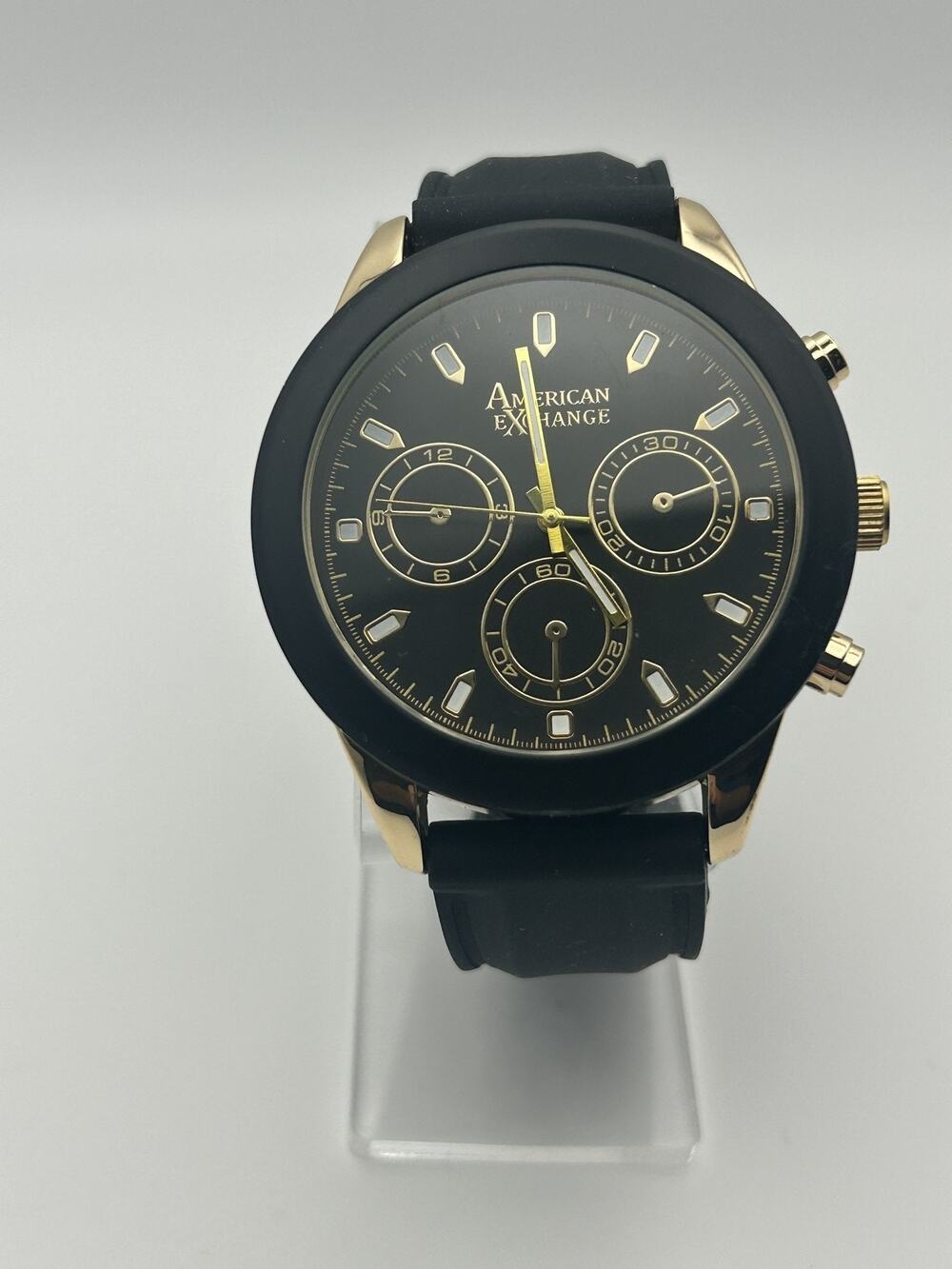 American Exchange Chronograph Watch Mens Black Gold Tone Silicone Unworn 9086